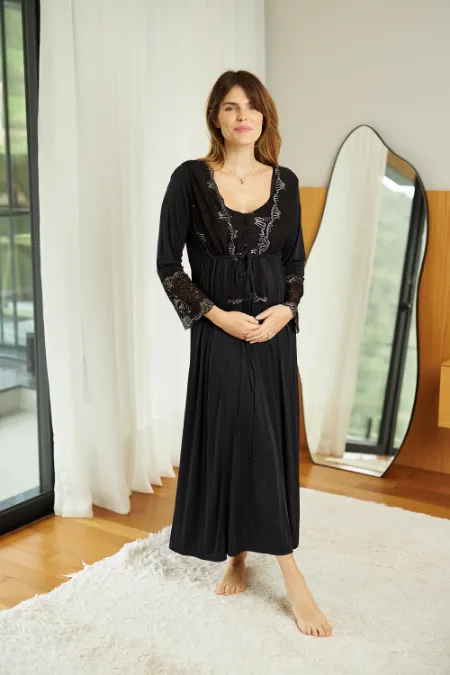 ROBE MATERNIDADE LONGO POLIAMIDA E RENDA PRETO