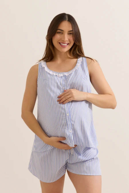 SHORT DOLL AMERICANO MATERNIDADE DE VISCOSE COM RENDA LISTRADO AZUL CLARO