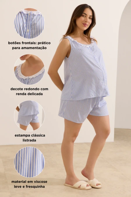 SHORT DOLL AMERICANO MATERNIDADE DE VISCOSE COM RENDA LISTRADO AZUL CLARO