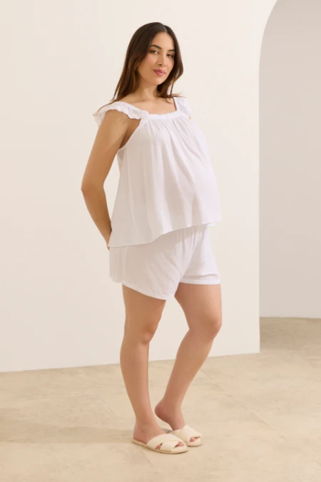 SHORT DOLL MATERNIDADE ALÇA BABADO E RENDA DE VISCOSE BRANCO