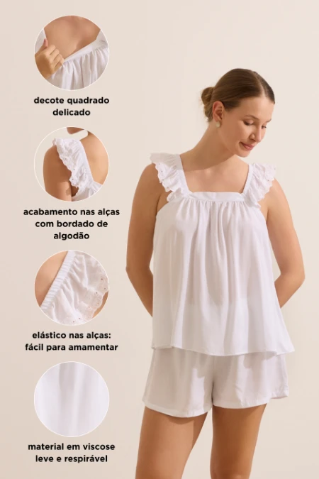 SHORT DOLL MATERNIDADE ALÇA BABADO E RENDA DE VISCOSE BRANCO