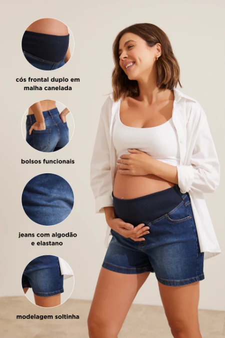 SHORTS JEANS CÓS AJUSTÁVEL GESTANTE E PÓS-PARTO AZUL ESCURO