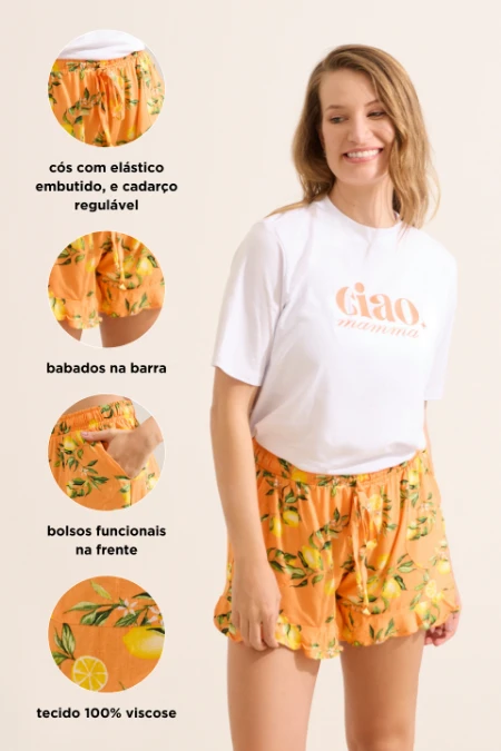 SHORTS SOLTINHO COM BABADOS GESTANTE E PÓS-PARTO LARANJA ESTAMPADO
