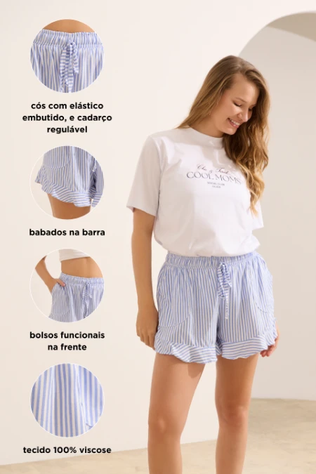 SHORTS SOLTINHO COM BABADOS GESTANTE E PÓS-PARTO LISTRADO AZUL CLARO
