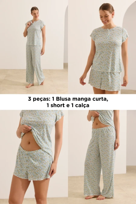 TRIJAMA CANELADO SHORT E CALÇA CÓS REGULÁVEL ESTAMPADO FLORAL AZUL