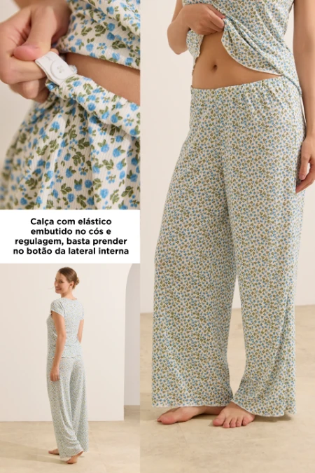 TRIJAMA CANELADO SHORT E CALÇA CÓS REGULÁVEL ESTAMPADO FLORAL AZUL