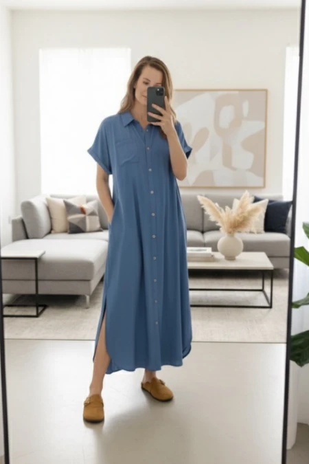 VESTIDO CAMISÃO COOL EM VISCOSE GESTANTE E AMAMENTAÇÃO AZUL JEANS