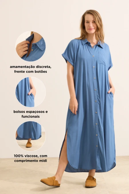 VESTIDO CAMISÃO COOL EM VISCOSE GESTANTE E AMAMENTAÇÃO AZUL JEANS