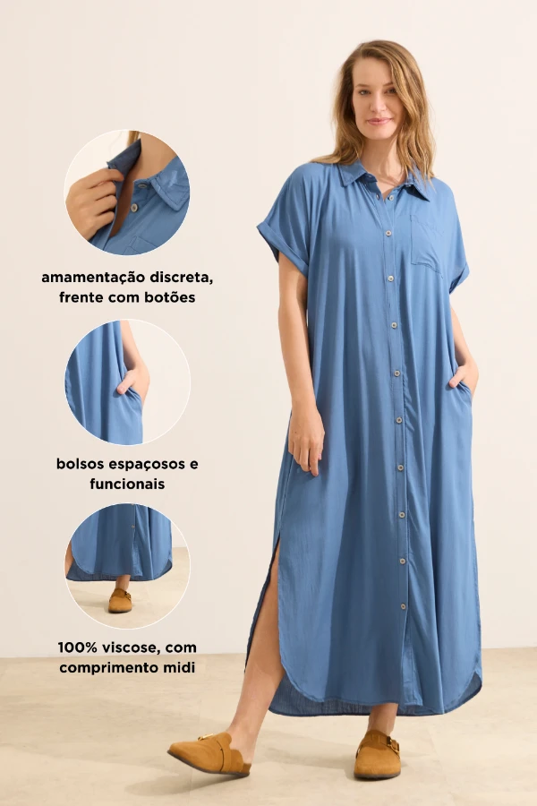 VESTIDO CAMISÃO COOL EM VISCOSE GESTANTE E AMAMENTAÇÃO AZUL JEANS - Imagem 2