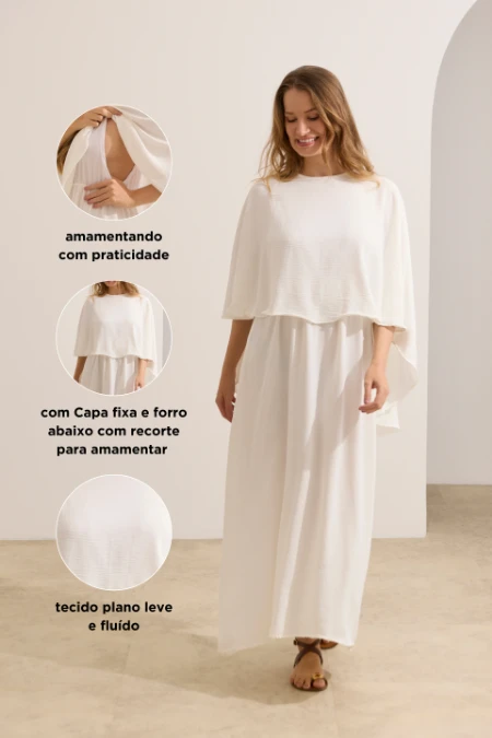 VESTIDO CAPA LONGO GESTANTE E AMAMENTAÇÃO OFF WHITE