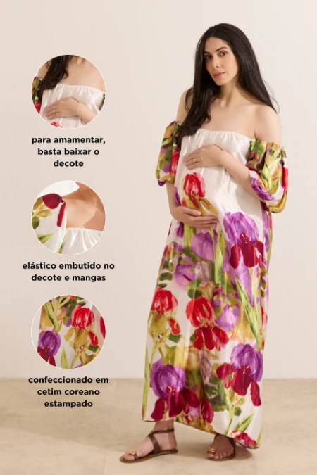 VESTIDO CETIM COREANO ESTAMPADO GESTANTE E AMAMENTAÇÃO FLORES ROSAS