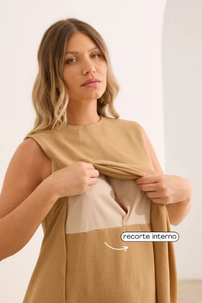 VESTIDO CLÁSSICO CURTO TECIDO PLANO GESTANTE E AMAMENTAÇÃO CAQUI - Imagem 2