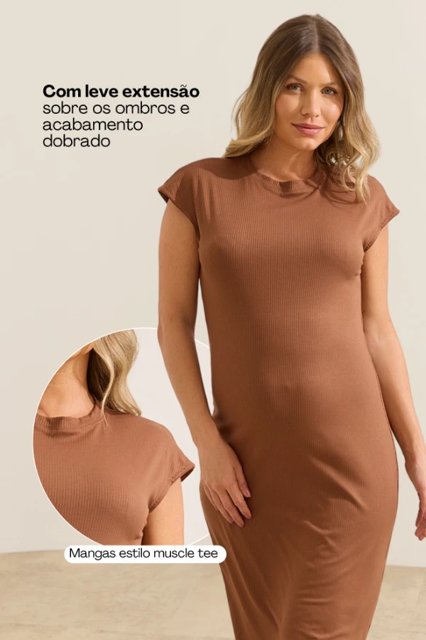 VESTIDO CLÁSSICO GESTANTE MALHA CANELADA CAFE - Imagem 2