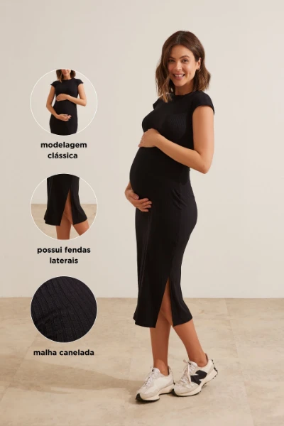 VESTIDO CLÁSSICO GESTANTE MALHA CANELADA PRETO - Imagem 2