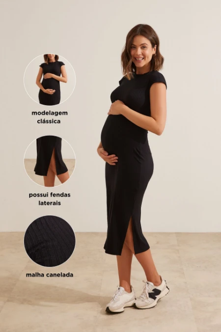 VESTIDO CLÁSSICO GESTANTE MALHA CANELADA PRETO