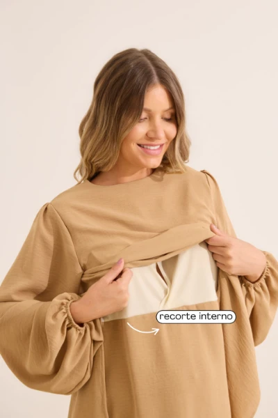 VESTIDO CLÁSSICO MANGA LONGA GESTANTE E AMAMENTAÇÃO CAQUI - Imagem 2
