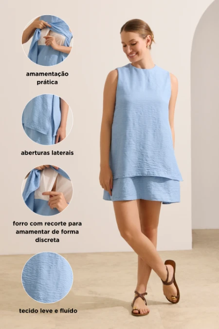 VESTIDO CLÁSSICO REGATA GESTANTE E AMAMENTAÇÃO AZUL CLARO
