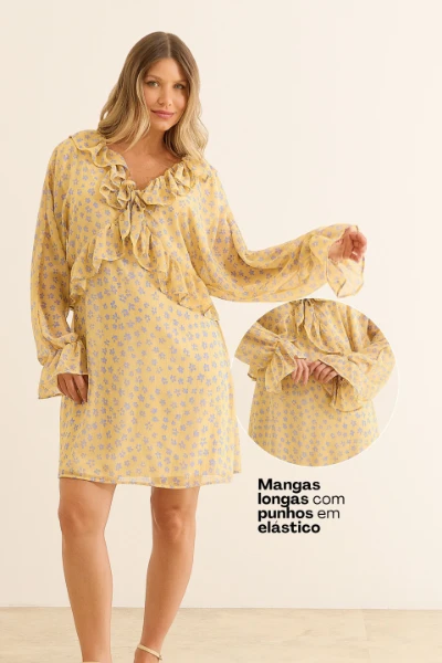 VESTIDO GESTANTE E AMAMENTAÇÃO COM BABADOS E DECOTE REGULÁVEL AMARELO COM FLORES - Imagem 2