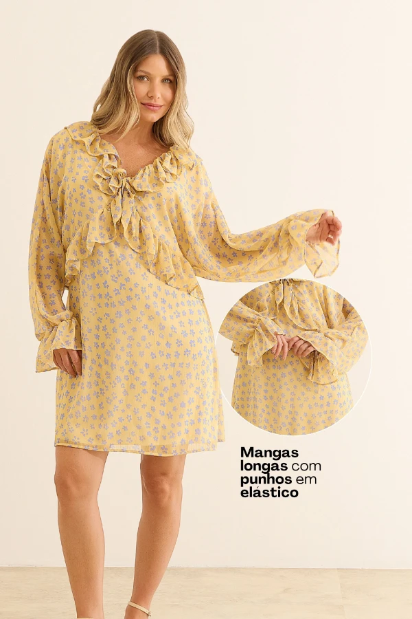 VESTIDO COM BABADOS E DECOTE REGULÁVEL AMARELO COM FLORES - Imagem 2