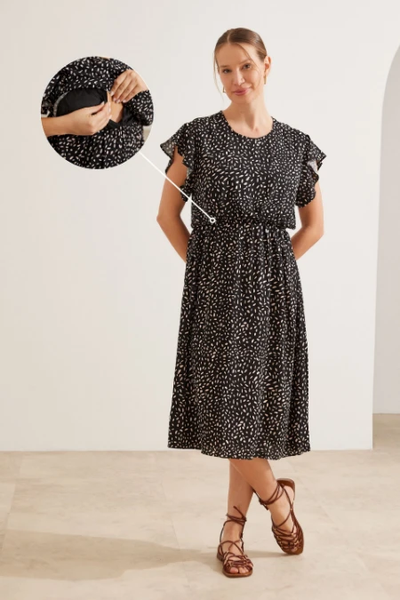VESTIDO COM BABADOS MIDI GESTANTE E AMAMENTAÇÃO ESTAMPADO