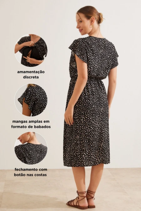 VESTIDO COM BABADOS MIDI GESTANTE E AMAMENTAÇÃO ESTAMPADO