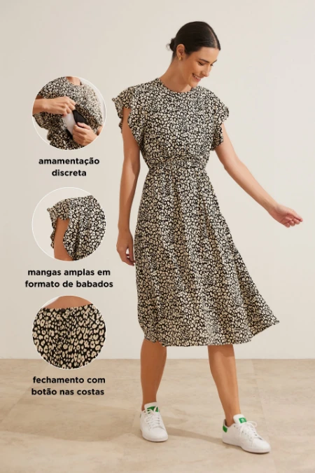 VESTIDO COM BABADOS MIDI GESTANTE E AMAMENTAÇÃO ONCA PRETO E BRANCO