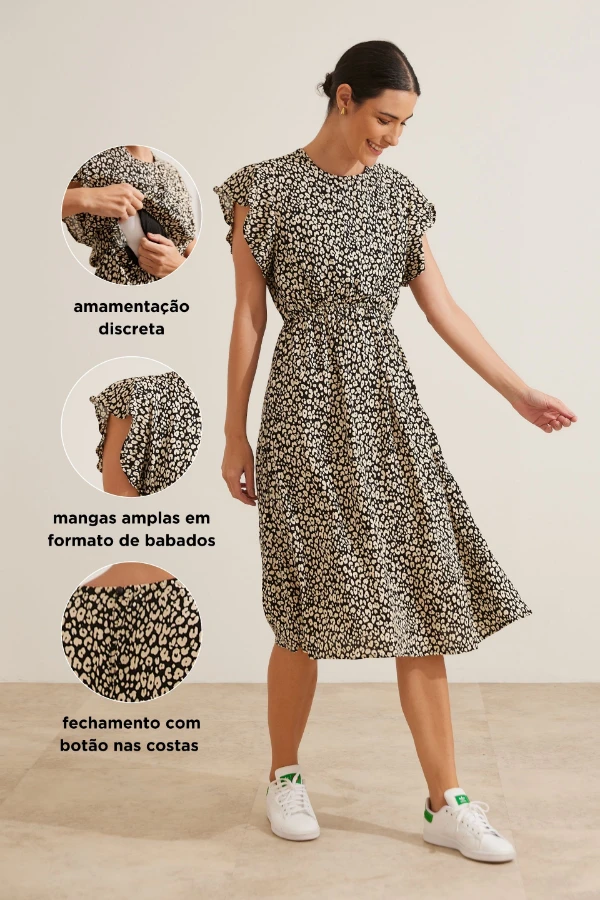 VESTIDO COM BABADOS MIDI GESTANTE E AMAMENTAÇÃO ONCA PRETO E BRANCO - Imagem 2