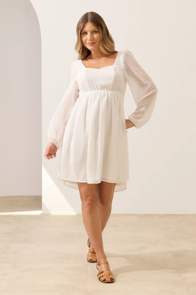 VESTIDO CURTO COM AJUSTE COSTAS JACQUARD GESTANTE E AMAMENTAÇÃO POA BRANCO - Imagem 1