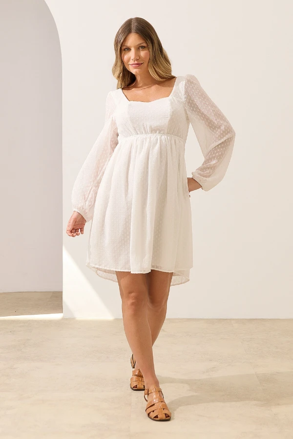 VESTIDO CURTO GESTANTE COM AJUSTE COSTAS JACQUARD POA BRANCO - Imagem 1