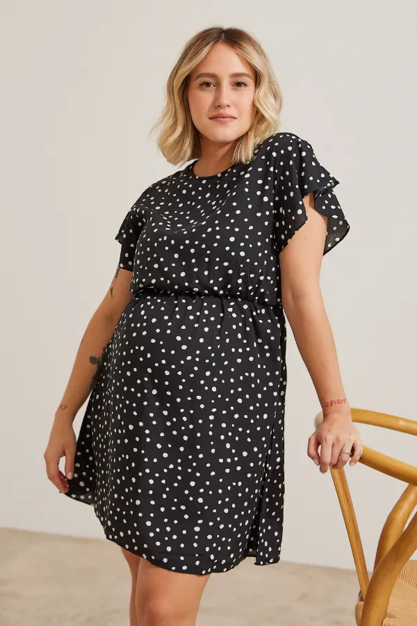 VESTIDO GESTANTE E AMAMENTAÇÃO CURTO COM BABADOS SEM MANGAS POA - Imagem 1