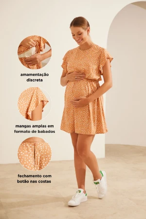 VESTIDO GESTANTE E AMAMENTAÇÃO CURTO COM BABADOS SEM MANGAS POA BEGE - Imagem 2