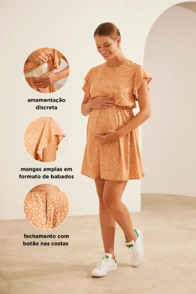 VESTIDO GESTANTE E AMAMENTAÇÃO CURTO COM BABADOS SEM MANGAS POA BEGE - Imagem 2