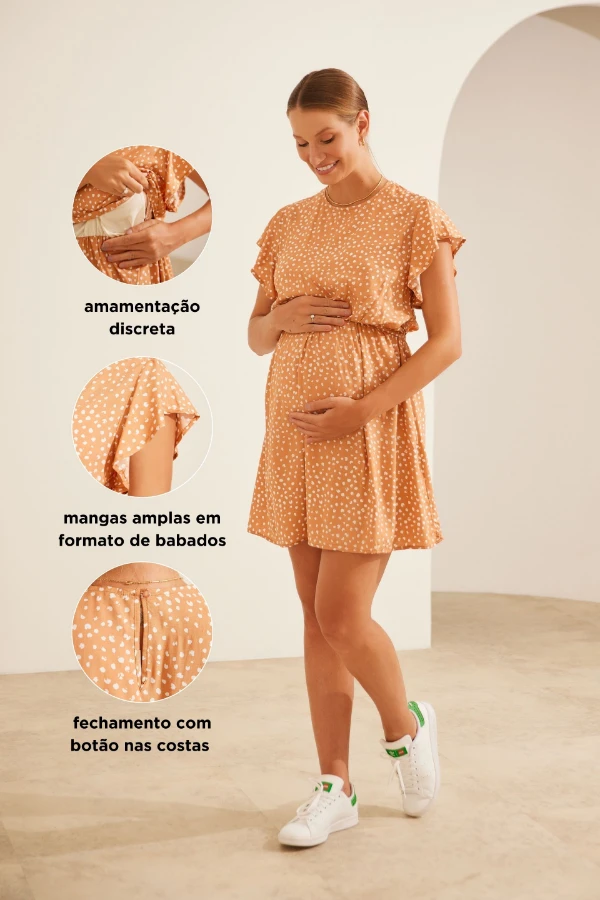 VESTIDO GESTANTE E AMAMENTAÇÃO CURTO COM BABADOS SEM MANGAS POA BEGE - Imagem 2