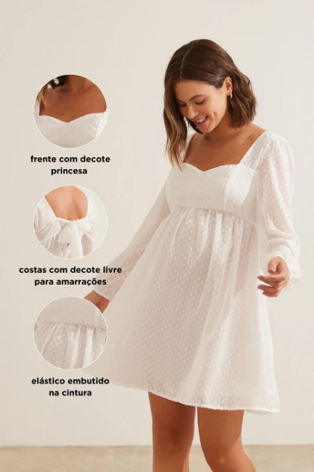 VESTIDO CURTO GESTANTE COM AJUSTE COSTAS JACQUARD POA BRANCO