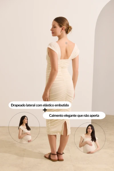 VESTIDO DRAPEADO GESTANTE E AMAMENTAÇÃO ALÇA LARGA DE TULE PEROLA - Imagem 2