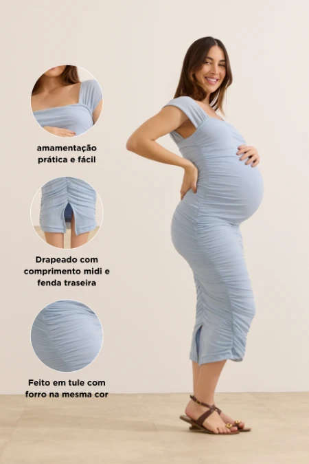VESTIDO DRAPEADO GESTANTE E AMAMENTAÇÃO ALÇA LARGA DE TULE AZUL CLARO