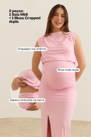 VESTIDO FAKE 2 PEÇAS MALHA JERSEY GESTANTE E AMAMENTAÇÃO ROSA - Imagem 2