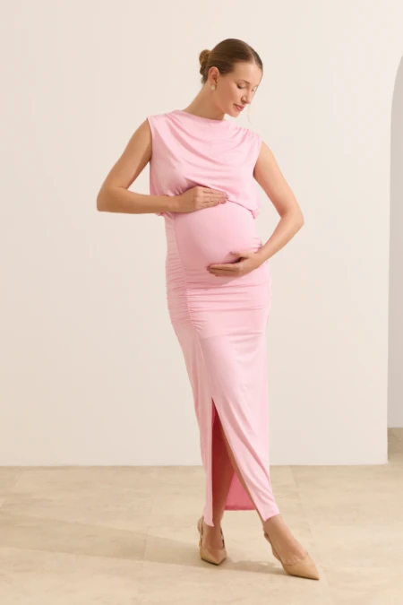 VESTIDO FAKE 2 PECAS MALHA JERSEY GESTANTE E AMAMENTAÇÃO ROSA