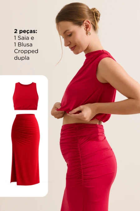 VESTIDO FAKE 2 PECAS MALHA JERSEY GESTANTE E AMAMENTAÇÃO VERMELHO