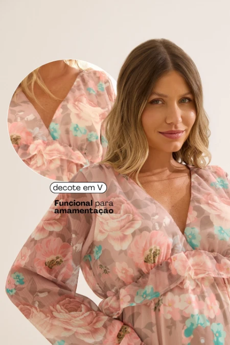 VESTIDO FLUIDO COM BABADOS FLORAL ROSE