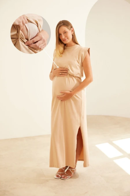 VESTIDO GESTANTE E AMAMENTAÇÃO BÁSICO PERFEITO COTTON PREMIUM BEGE