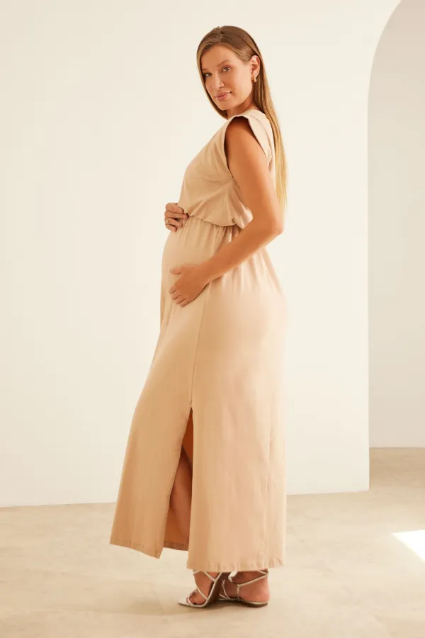 VESTIDO GESTANTE E AMAMENTAÇÃO BÁSICO PERFEITO COTTON PREMIUM BEGE - Imagem 2