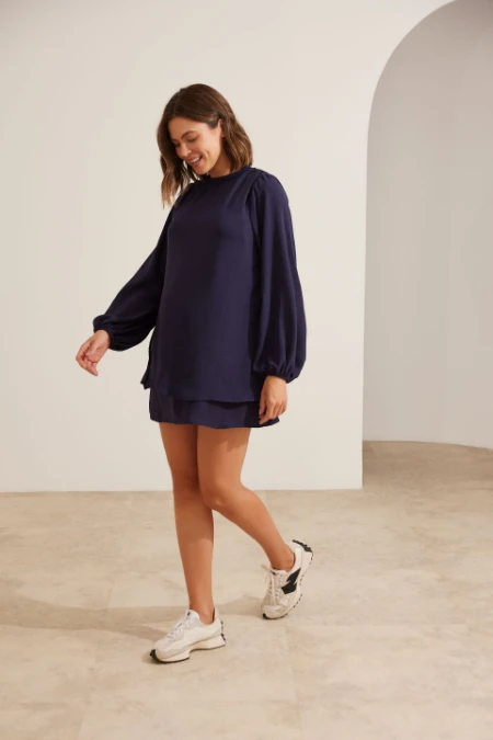 VESTIDO GESTANTE AMAMENTAÇÃO CLÁSSICO MANGA LONGA MARINHO