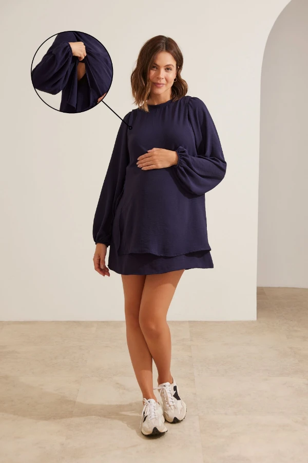 VESTIDO GESTANTE AMAMENTAÇÃO CLÁSSICO MANGA LONGA MARINHO - Imagem 1