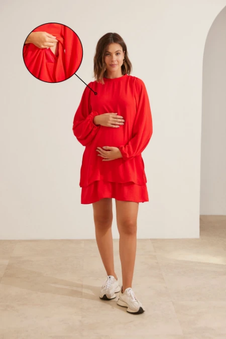 VESTIDO GESTANTE AMAMENTAÇÃO CLÁSSICO MANGA LONGA VERMELHO