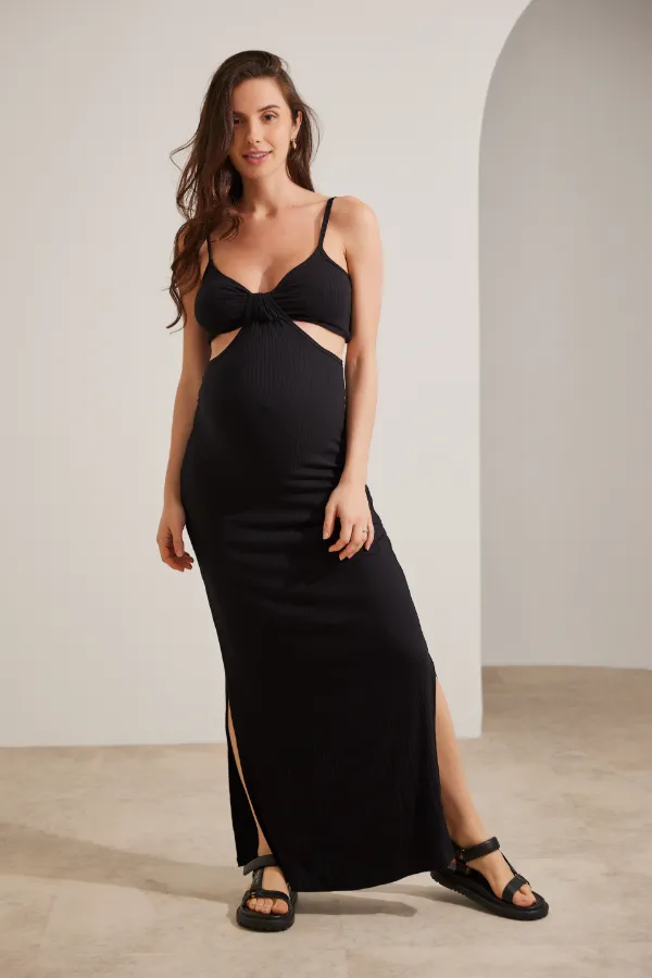 VESTIDO GESTANTE CANELADO LONGO RECORTE LATERAL  PRETO - Imagem 2