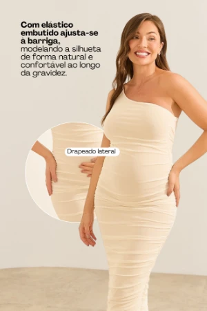 VESTIDO GESTANTE DE TULE UM OMBRO SÓ PEROLA - Imagem 2