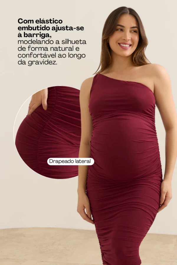 VESTIDO GESTANTE DE TULE UM OMBRO SÓ VINHO - Imagem 2