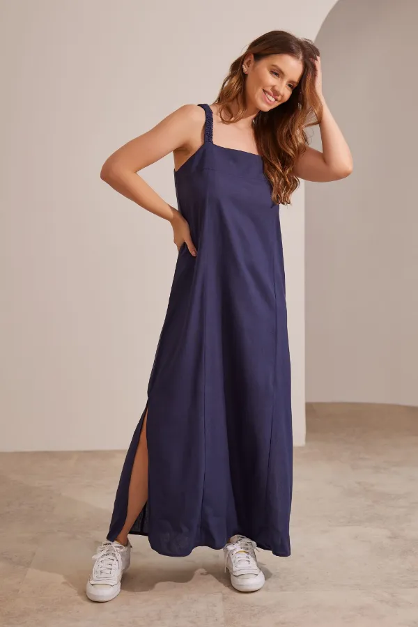 VESTIDO GESTANTE E AMAMENTAÇÃO ALÇA ELÁSTICA LINHO MARINHO - Imagem 1