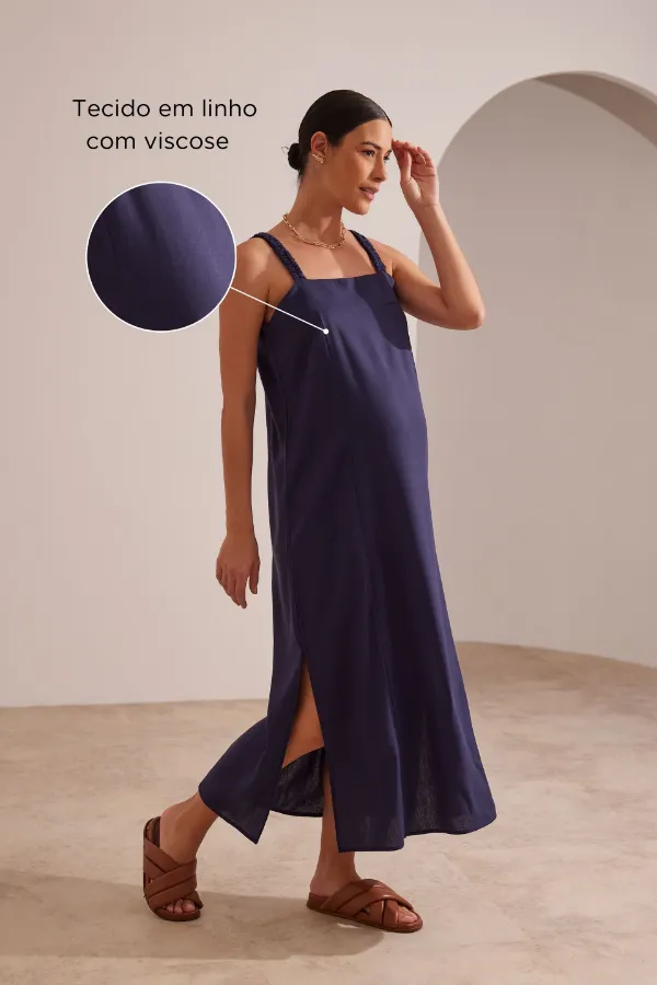 VESTIDO GESTANTE E AMAMENTAÇÃO ALÇA ELÁSTICA LINHO MARINHO - Imagem 2